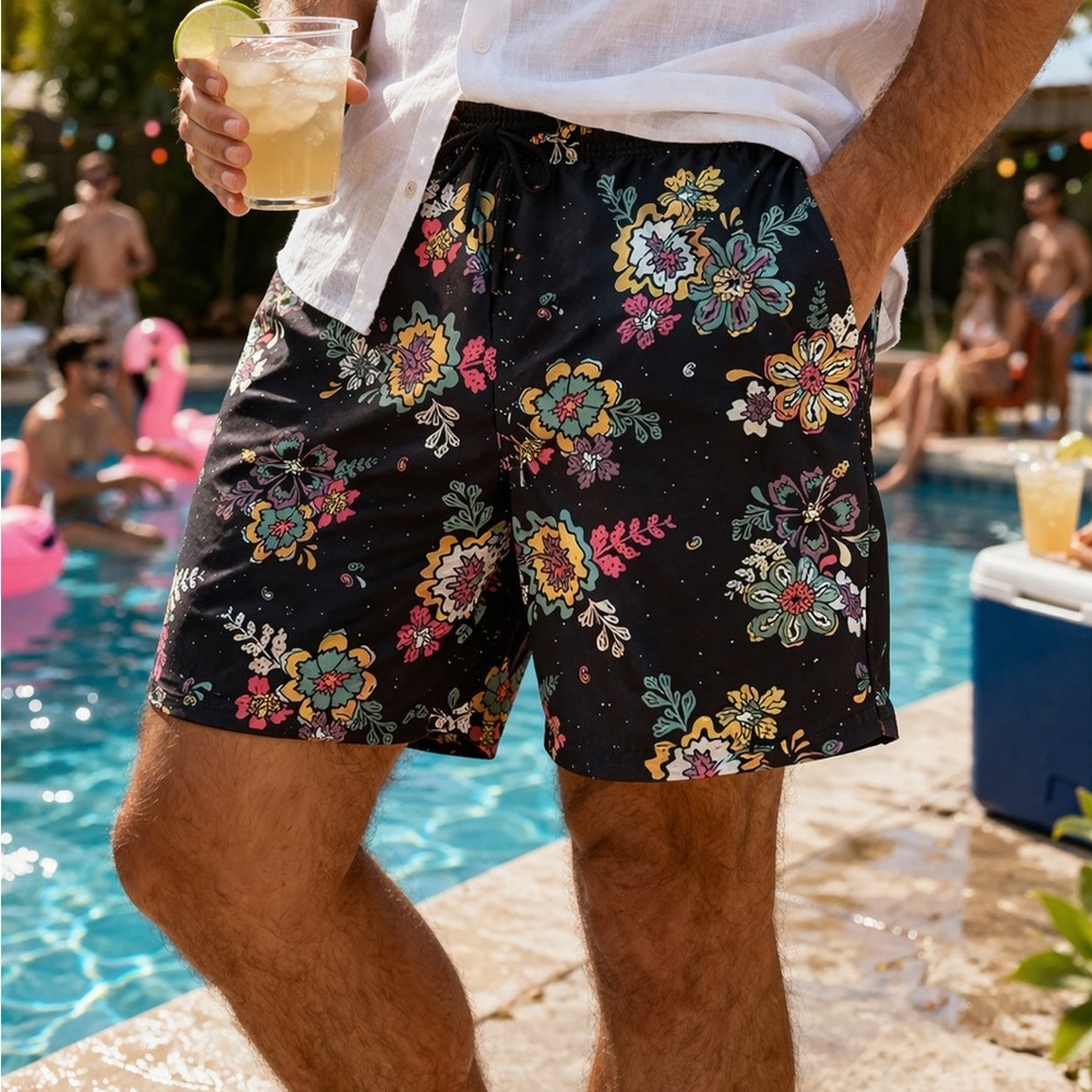 Black + Pink Floral Swim Trunks • Tropical Beach Vacation • Resortwear • Small